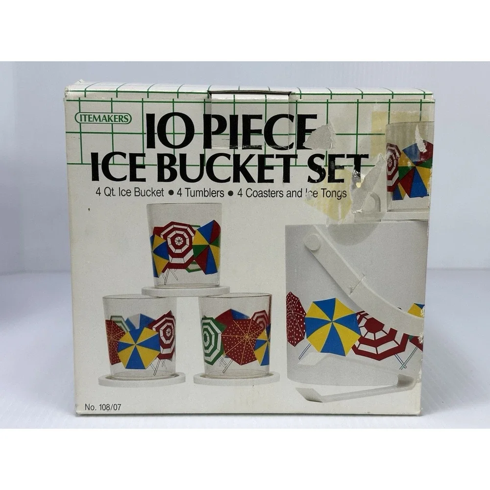 VTG ITEMAKERS 10 Pc Ice Bucket Set‎ 4 Tumblers 4 Coasters Tongs Umbrellas NOS 85